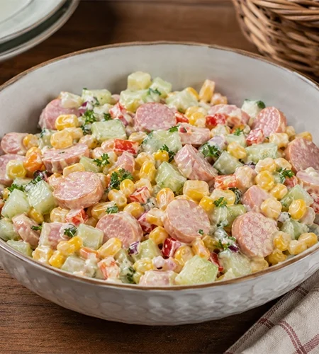 Hideg virslis kukoricasaláta recept majonézes öntettel