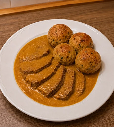 Vadas marha recept mustáros, zöldséges mártással és házi zsemlegombóccal