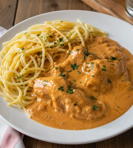Csirke vadas mártásban spagettivel