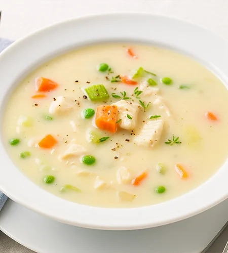 Krémes zöldséges csirkeragu leves