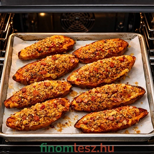 Ropogós töltött édesburgonya baconnel, sajttal és dióval