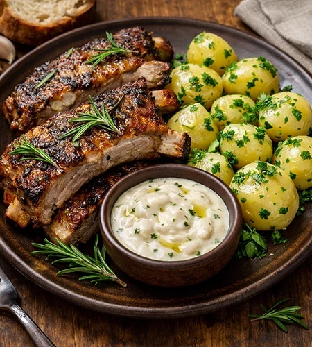 Rozmaringos sertés borda, fokhagymás mártással